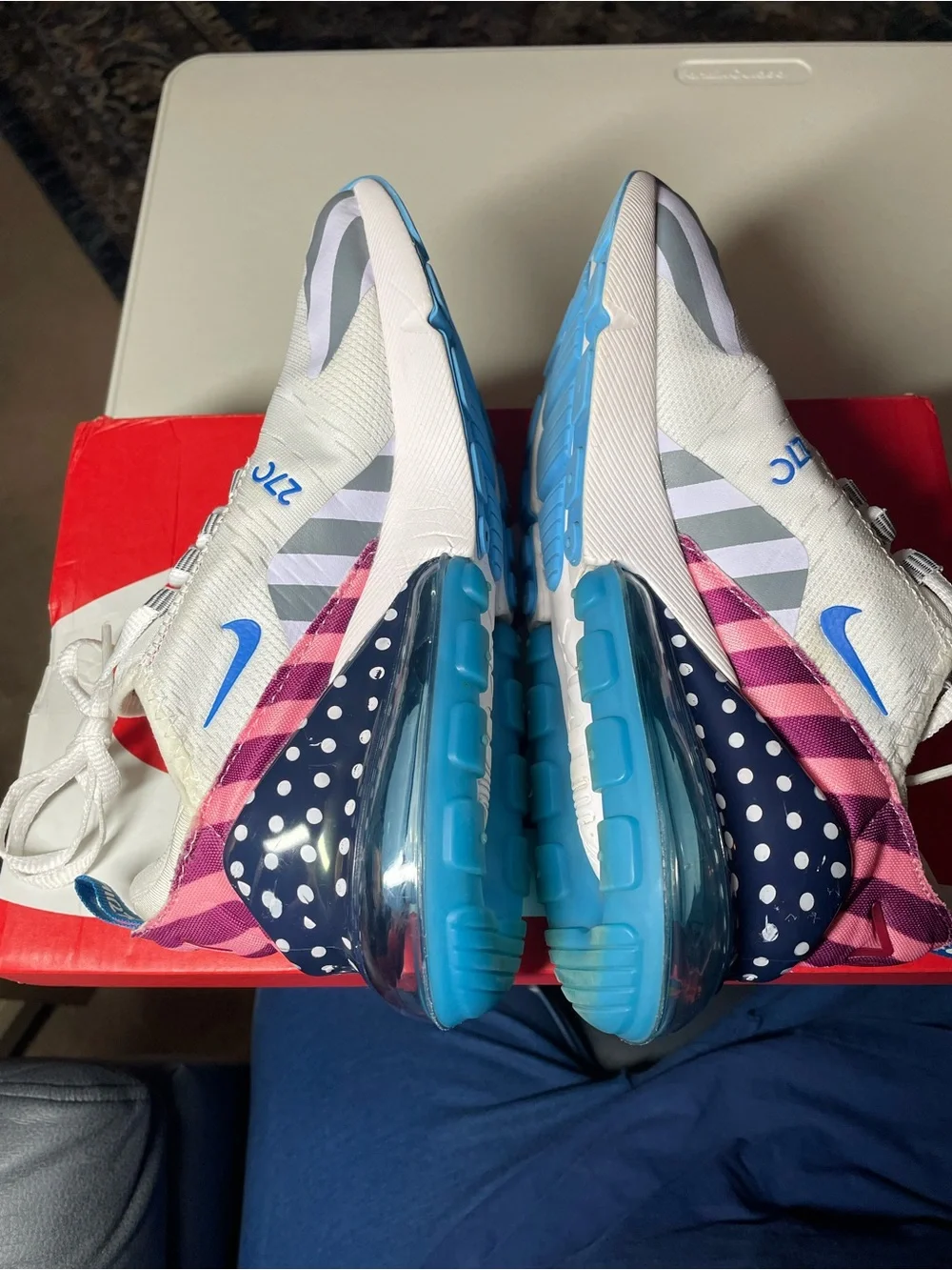 Nike Air Max 270 White with Blue, Pink & Navy Accents 7.5W - 6Y